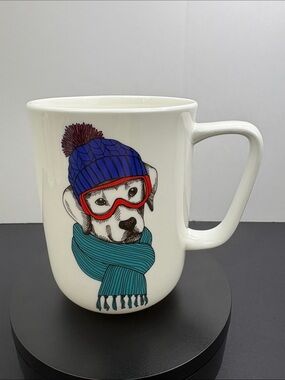 Portobello by Design White Dog Mug Blue Beanie Red Goggles